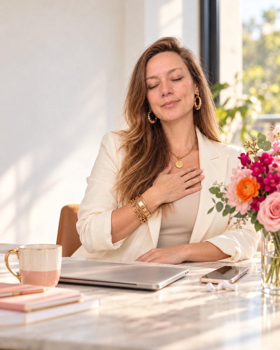 Mujer ejecutiva en una pausa consciente, con la mano en el pecho, en su escritorio con flores